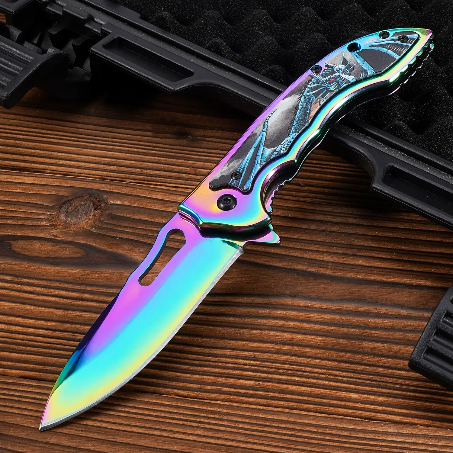 Men’s tactical EDC folding knife—a multifunctional outdoor pocket/fruit knife with a colorful blade and a back clip for easy carry; quick-opening design; suitable for wilderness survival, emergencies, camping, hiking, DIY projects, and fishing.