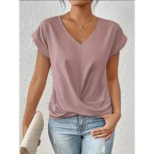 Women's Lightweight Breathable V-Neck T-Shirt with Elegant Knot Detail - Loose Fit Short Sleeve Casual Top, Medium Stretch Machine-Washable Solid Color Tee for Spring/Summer, Ladies T Shirts, Vneck Style, Construction, Relaxed Fit, Soft Mat