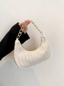 Fashionable Solid Color Woven Moon Shaped Women's Bag with Metal Chain Strap, Can be Used as Handbag, Shoulder Bag, Tote Bag, Beach Bag, Casual Woven Bag, and Cell Phone Bag, Summer Essentials, Travel Must Haves - Beige Woven Crescent Bag