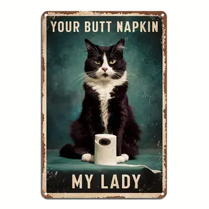1pc Humorous Cat Metal Wall Art Plaque - "Your Butt Napkin My Lady" Vintage Rustic Aluminum Sign, 8x12 Inch Retro Home Decor for Bedroom, Bar, Cafe, Garage, Indoor/Outdoor, Easy Install with Pre-Drilled Holes, Unique Gift Idea, Cat Wall Art, Indoor Outdoo
