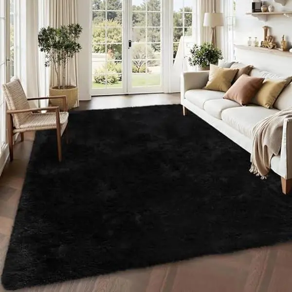GARVEE Fluffy Area Rugs 3 x 5ft, Soft and Thick Faux Fur Plush Velvet Area Rug Indoor Shag Rug for Living Room Home Decor Nursery Rug Carpets for Bedroom, Black