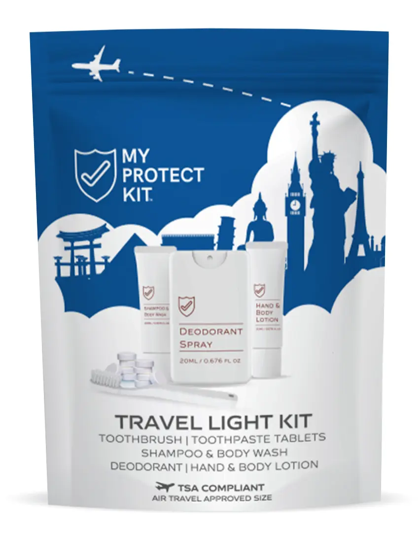 MY PROTECT KIT Travel Light Kit - TSA Approved Toiletries Set with 14 Mess-Free Toothpaste Tablets, Deodorant Spray, Shampoo & Body Wash, and Hand & Body Lotion Body Care Bergamot