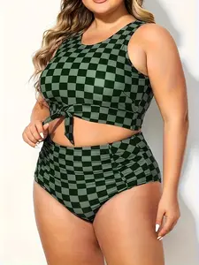 Women's Plus Size Bikini Two-Piece Set, Geometric Pattern Plaid Print, Sleeveless Tank Top, Drawstring High Waist, Summer Beach Pool Party