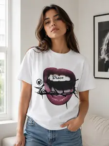 GRILLZ Cotton Unisex T-Shirt Crew Neck Size S- 3XL with Graphic Lip Design, Casual Streetwear Top for Women
