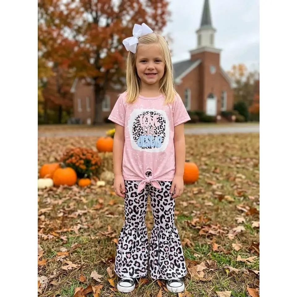 Love Like Jesus Girls or Toddler Size Leopard Bell Bottoms & Tie Top Acid Wash and Animal Cheetah Print Outfit