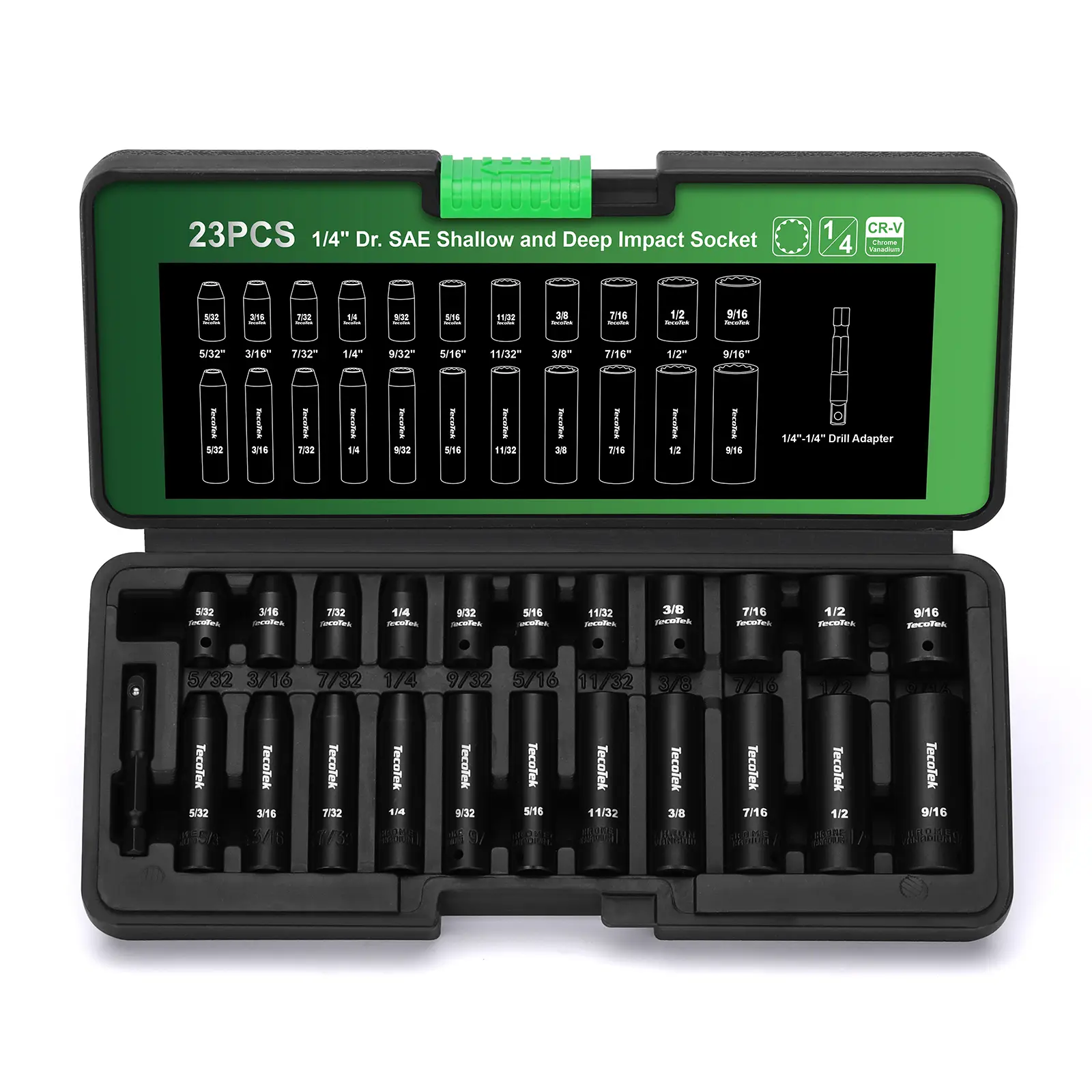 TecoTek 23-Piece 1/4-In. Drive 12-Point Design CR-V Impact Socket Set, SAE Shallow & Deep Sockets (5/32 to 9/16 in), Ratchet Adapter, Drill Adapter, Laser Etched, All Seasons Father's Day Gift