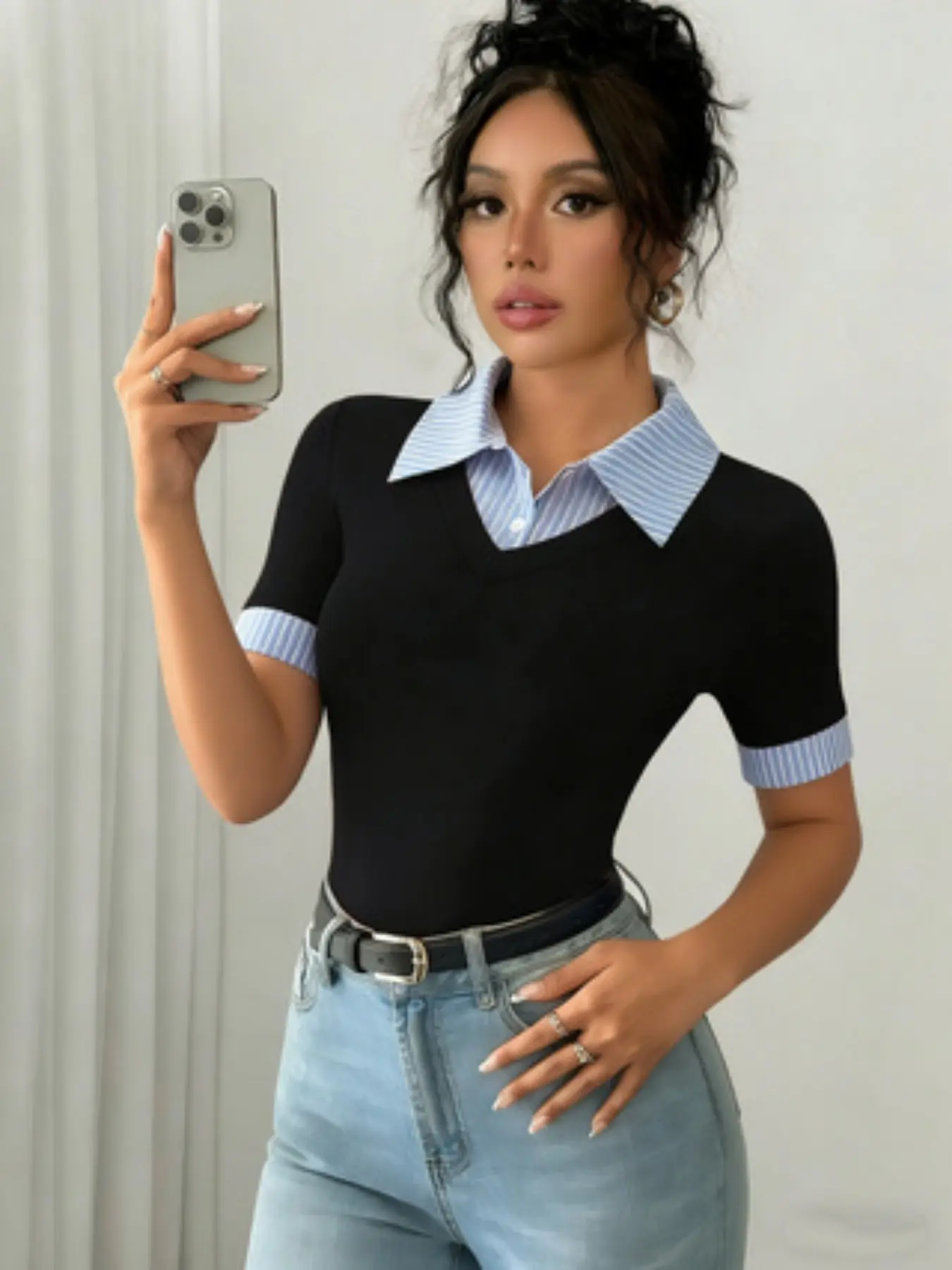 Women's Fashion Elegant Lapel Button Short Sleeve Striped Print Patchwork Top Blouse Shirts, Stylish Ladies Clothing, Trendy Casual Wear