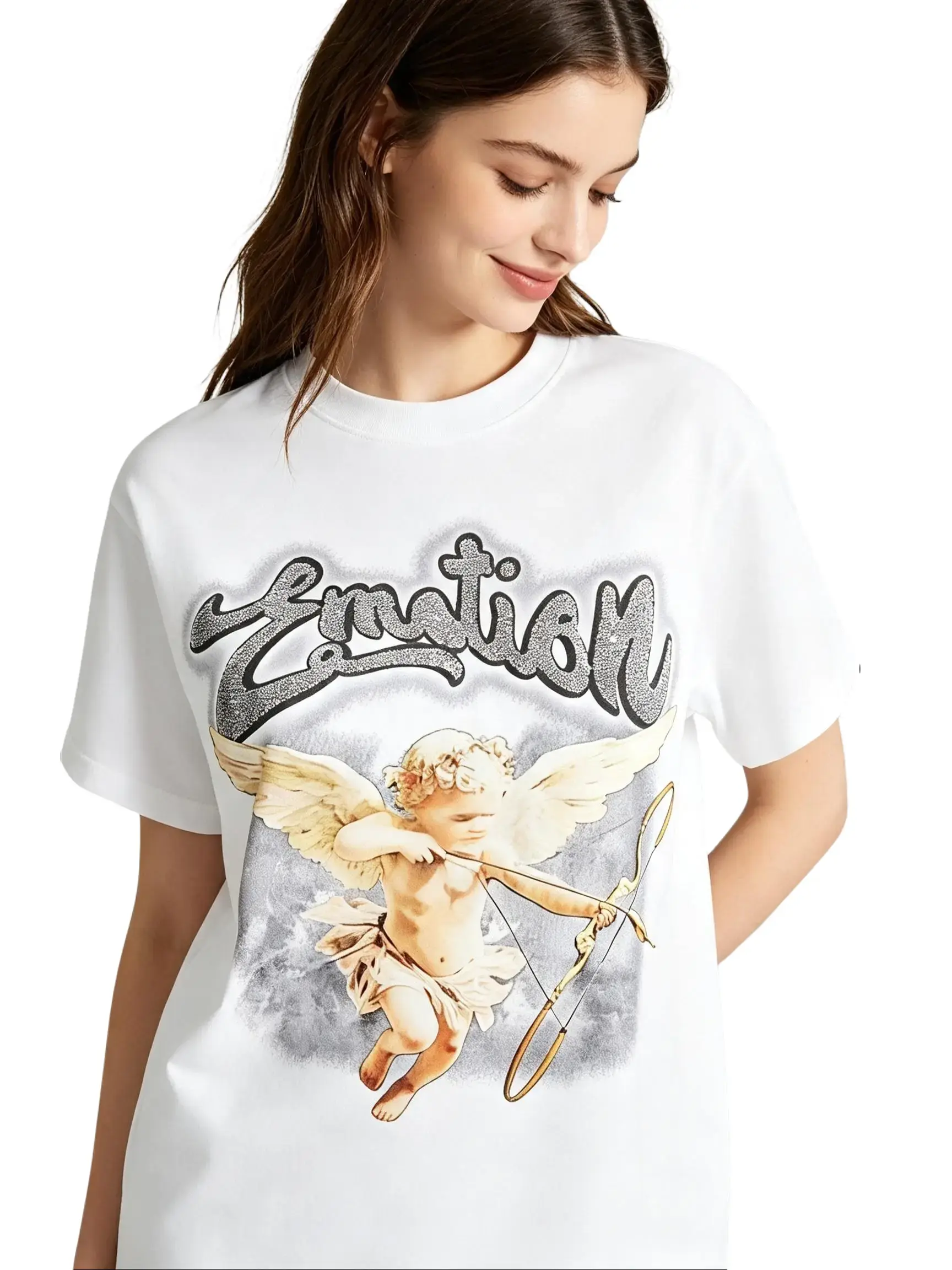 Emotion Rhinestone Cherub Graphic T-Shirt, Vintage Angel Print Tee, Oversized Streetwear Shirt, Edgy Casual Short Sleeve Top, Trendy Y2K Aesthetic Cotton Tee for Streetwear and Angel Emotion Fans Womenswear Women