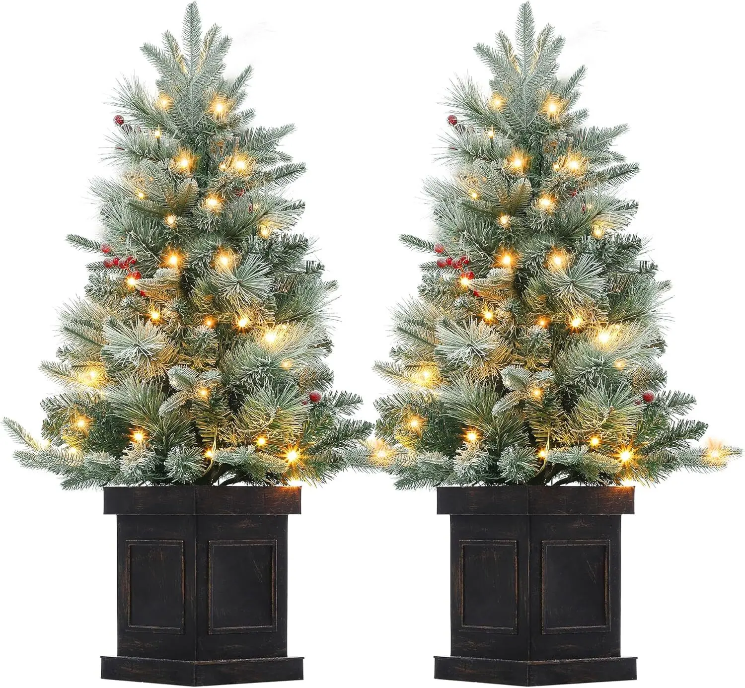 3 Ft Pre-Lit Christmas Tree, Christmas Tree with 78 Battery-Powered Led Lights, Artificial Christmas Tree with Potted Base-2pcs Berry Faux Decor Decoration