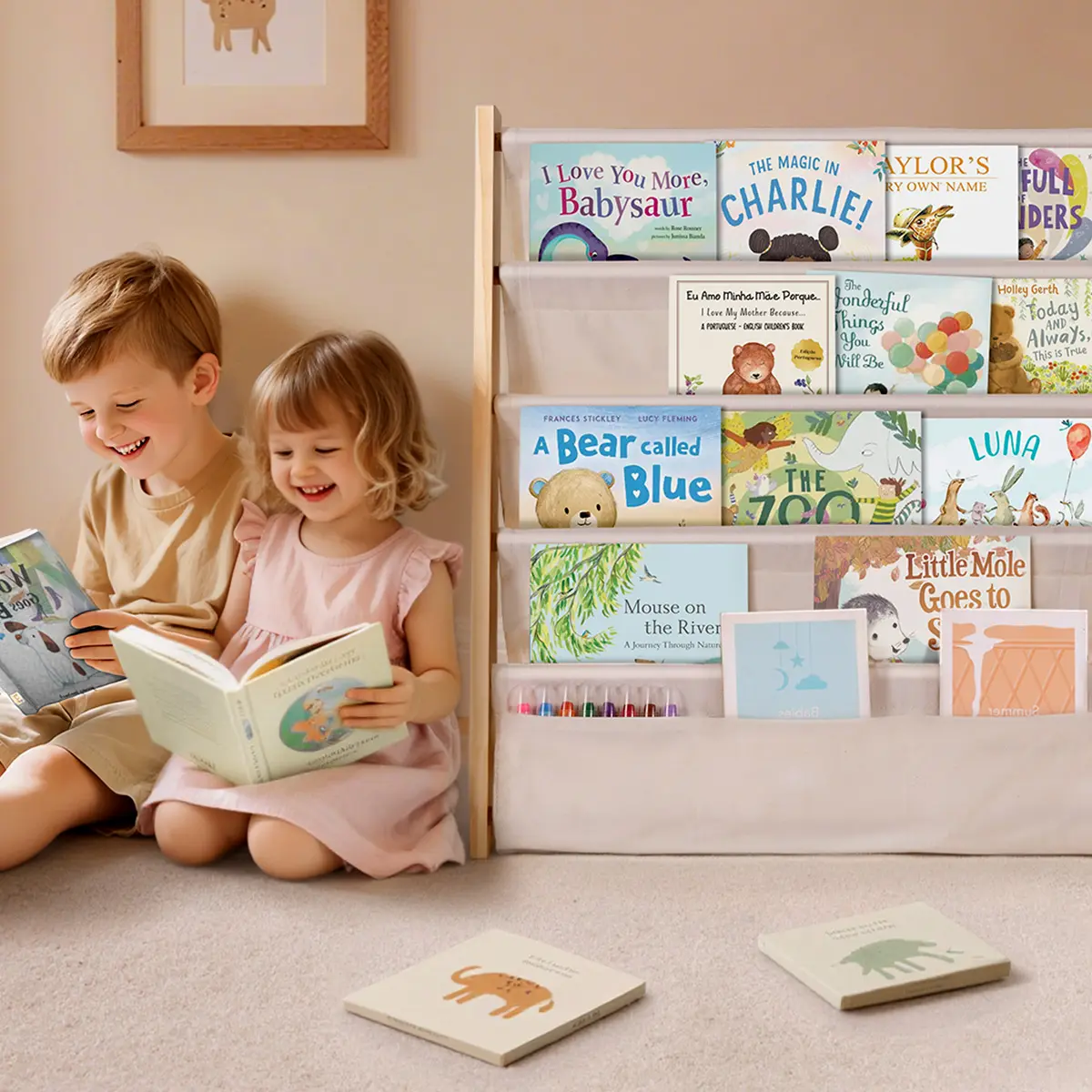 COMOMY 4/5-Tier Toddler Pine Wood & Cotton Linen Floor Bookshelf - Multi-Tiered Tiered Shelf, Space-Saving Standing Storage, Kids' Nursery Classroom Furniture, Classrooms