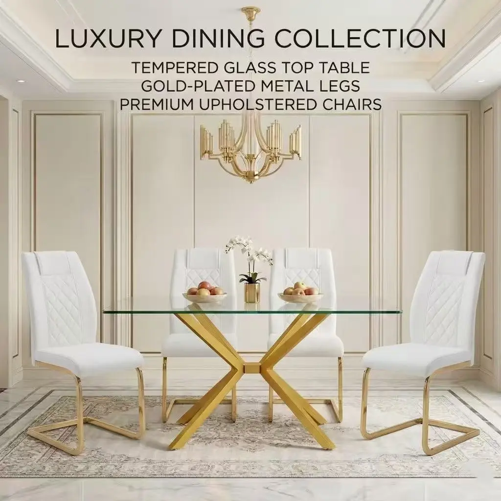 5-Piece Dining Table Set with 4 High-Back PU Leather Chairs – Ships in 2 Boxes, 47.24" Tempered Glass Table with Gold Metal Frame, Sturdy Chairs with Ergonomic Support, Easy Assembly for Kitchen Dining Room