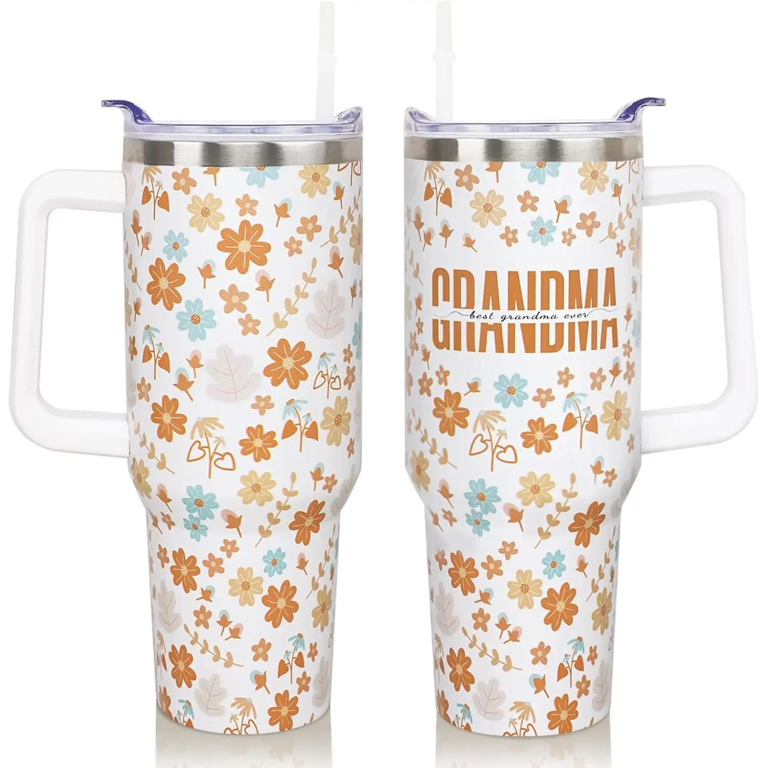 40 oz Double-Wall Insulated Stainless Steel Grandma Tumbler - Vacuum Flask, Reusable Adults' Beverage/Drink Travel Mug with Handle, Straw, Lid, Plastic Accents, Carry-On Friendly, Ideal Mother's Day/Birthday Gift, Flasks, 40 Oz Tumbler