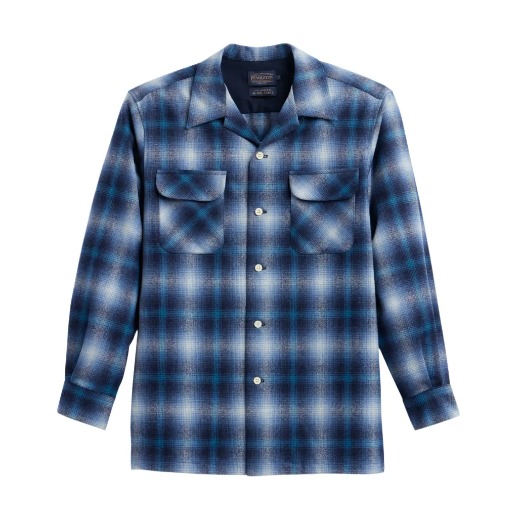 Pendleton Menswear Men's Umatilla Wool Fabric Board Shirt - Midweight Longsleeves Top, Blue Turquoise Ombre Checked, Square Bottom, 2 Bias-Cut Pockets, Casual, Plaid, Tall, Water Resistant, Rugged, Long Sleeve, Machine Wash, Virgin Wool, Collared Neck, Pe