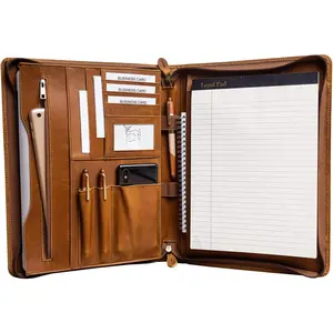 Professioal Business Portfolio Padfolio Folder with Zipper for Men and Women,Work Portfolio with Notepad for Meeting and Travel, Brown