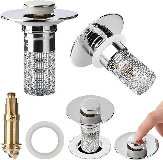 2pc Stainless Steel Bathroom Sink Plug Plug, Upgraded, Reinforced Stainless Steel Drain Screen, Sink Drain Filter, Pop-Up Basin Anti-Odor Bullet Core Plug Filter, Home Essential, Bathroom Accessories