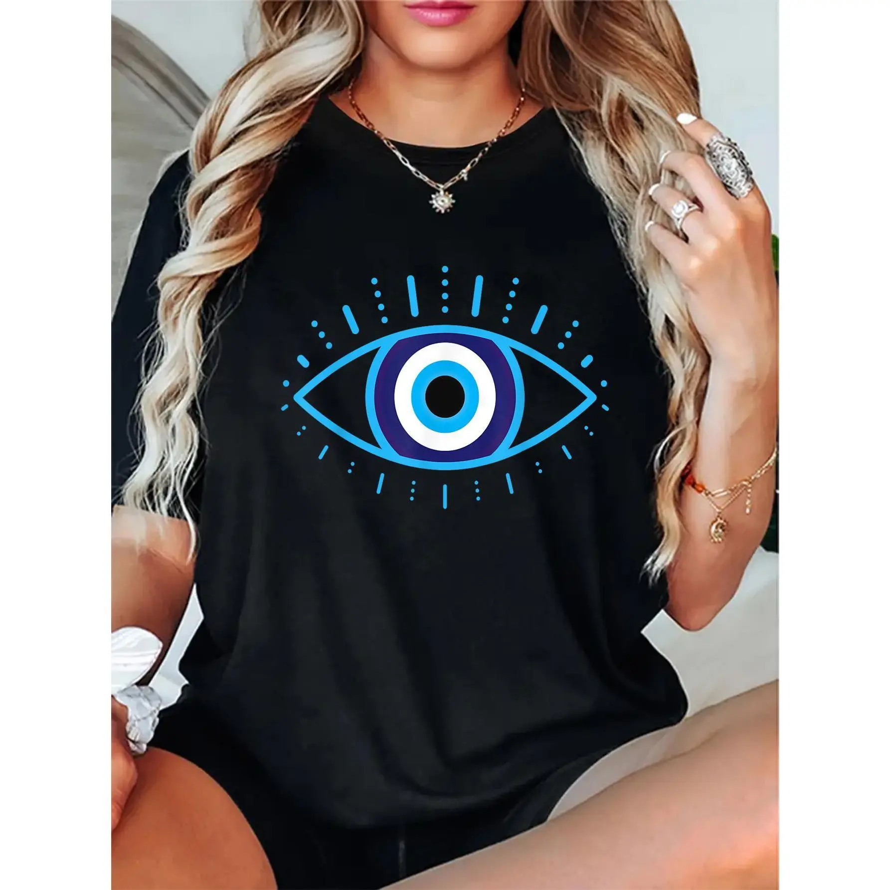 Women's Evil Eye Protection T-Shirt Short Sleeve Crew Neck 100% Cotton Fashion Graphic Print Top