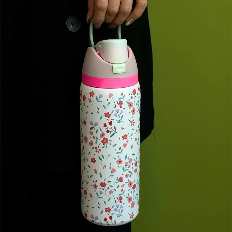 Floral Pattern Stainless Steel Vacuum Flask, 1 Count 24oz-32oz-40oz Water Bottle with Straw, Stainless Steel Thermos, Drinking Cup for Home Office School Outdoor, Portable Drinkware, Insulated Travel Drinkware, Insulated Mug, Leakproof Insulated Tumbler
