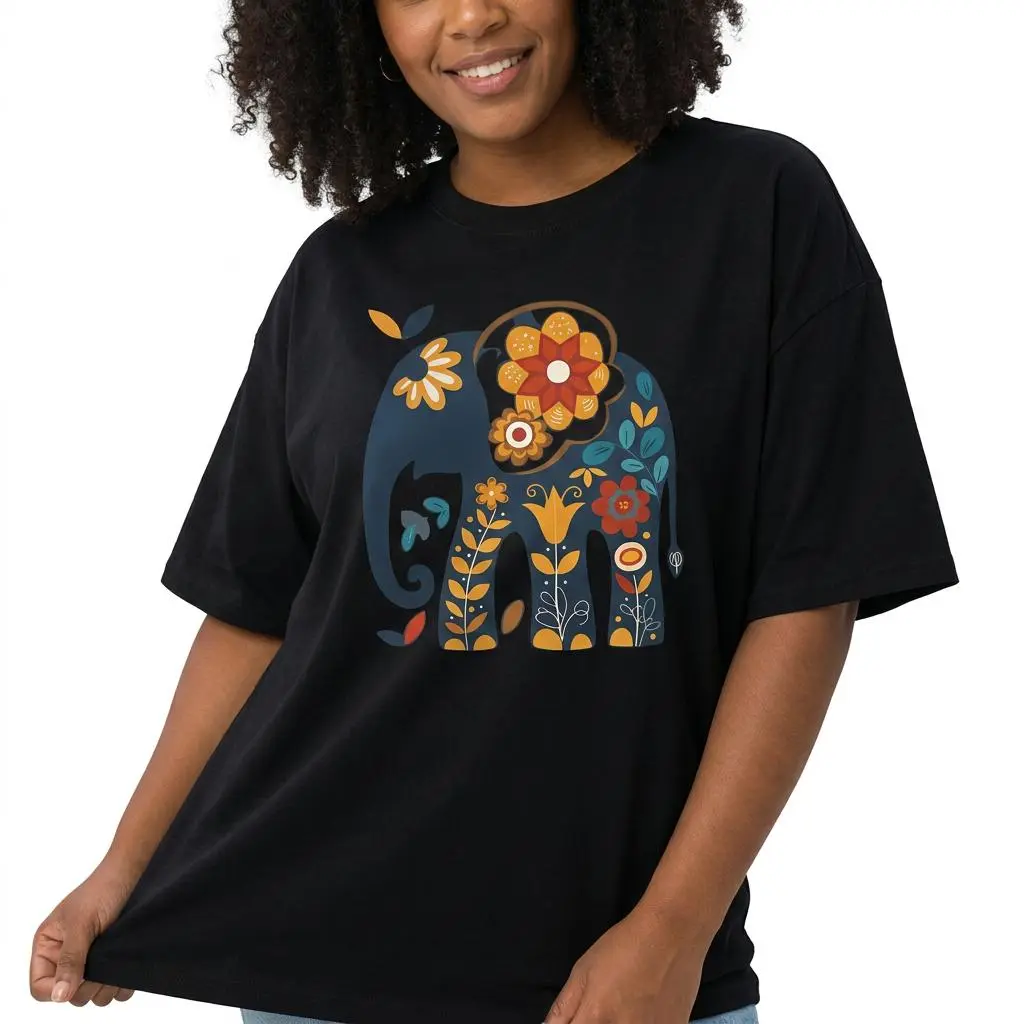 Boho Floral Elephant Shirt Women Plus Size Retro Graphic Tee