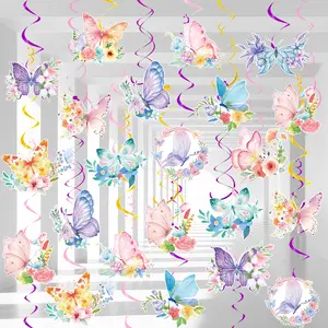 Butterfly Hanging Swirls, 54 Pcs Butterfly Themed Swirls, Butterfly Floral Hanging Swirl, Butterfly Hanging Ceiling Swirl for Butterfly Birthday Decorations, Butterfly Party Decorations