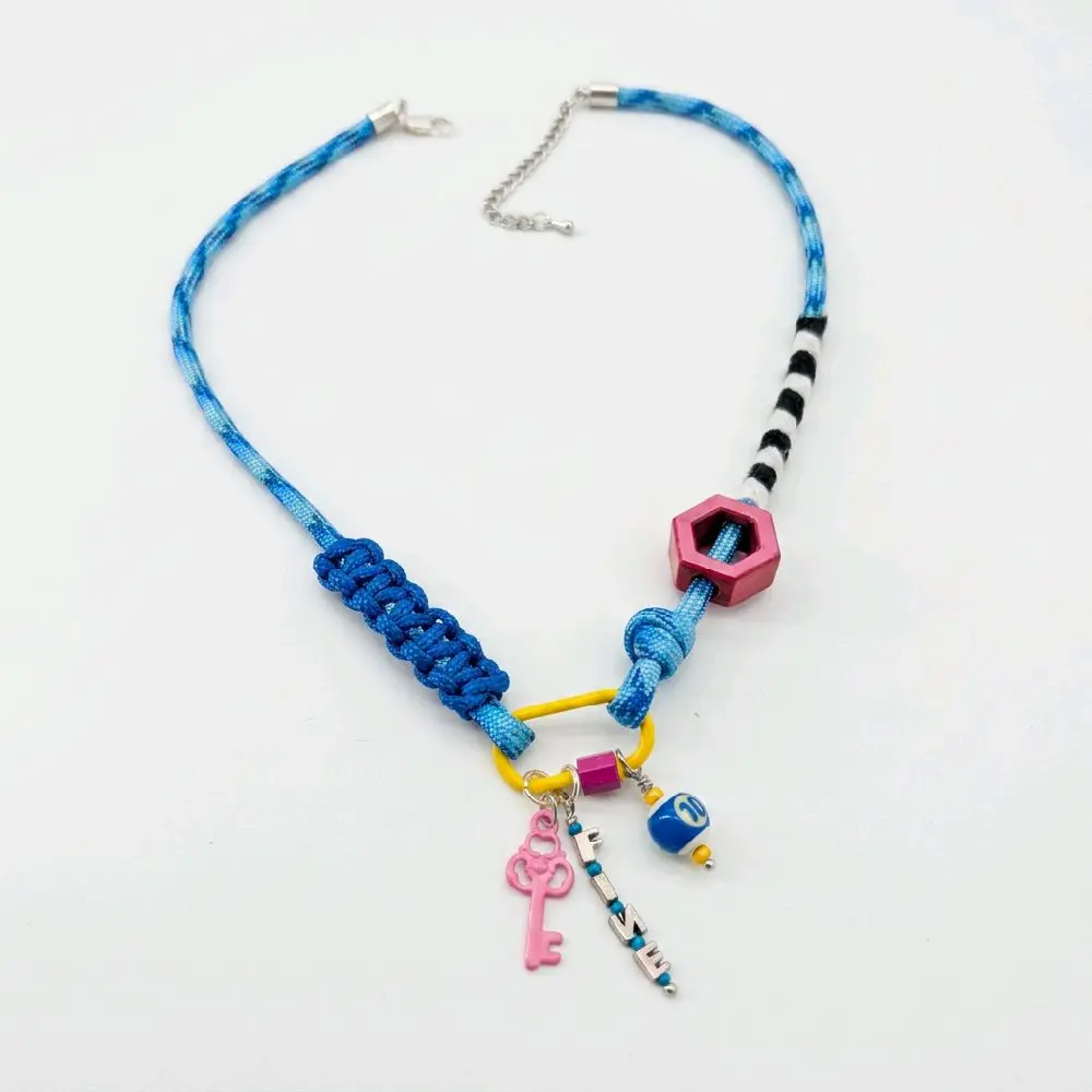 Whimsical Handmade Blue Paracord Statement Necklace with Pink Geometric Bead & Decorative Knots