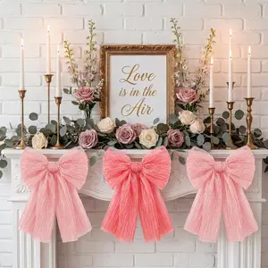 3 Pcs Large Shimmer Pleated Gauze Bows, 14 x 16 Inch Pink Glitter Mesh Bow Decorations for Coquette Room Decor, Aesthetic Wall Decor for Wedding, Graduation, Birthday Backdrop, DIY Kit