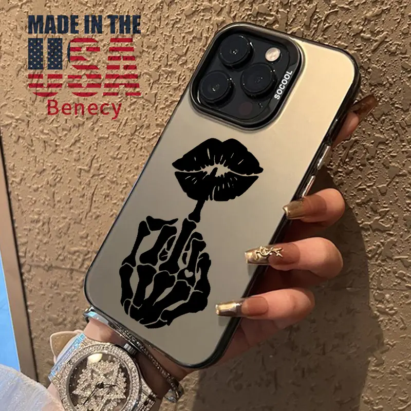 Skeletal Kiss Gesture Reflective Phone Case - Shockproof Anti-Drop Protector, Durable Silicone-PC-Plastic-Resin Casing for iPhone 15 16 14 Pro Max 13 12 11 XR XS Plus, Mobile Phone Accessory