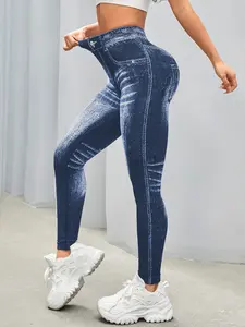 Women’s high-stretch faux denim print high-waisted slim athletic leggings — butt-lifting, tummy control for a curvy look; washed distressed style for everyday wear/fitness; versatile base layer leggings for all seasons
