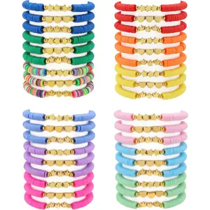36 Pcs Preppy Friendship Bracelets for Teen Girls Cute Clay Heishi Beads Bracelets Bulk Colorful Heart Star Crown Surfer Bracelets Jewelry Gifts for Girls