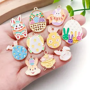 30pcs Easter Drip Oil Cartoon Eggs Bunny Alloy Pendants, DIY Necklace Accessories, Cute Holiday Jewelry Supplies
