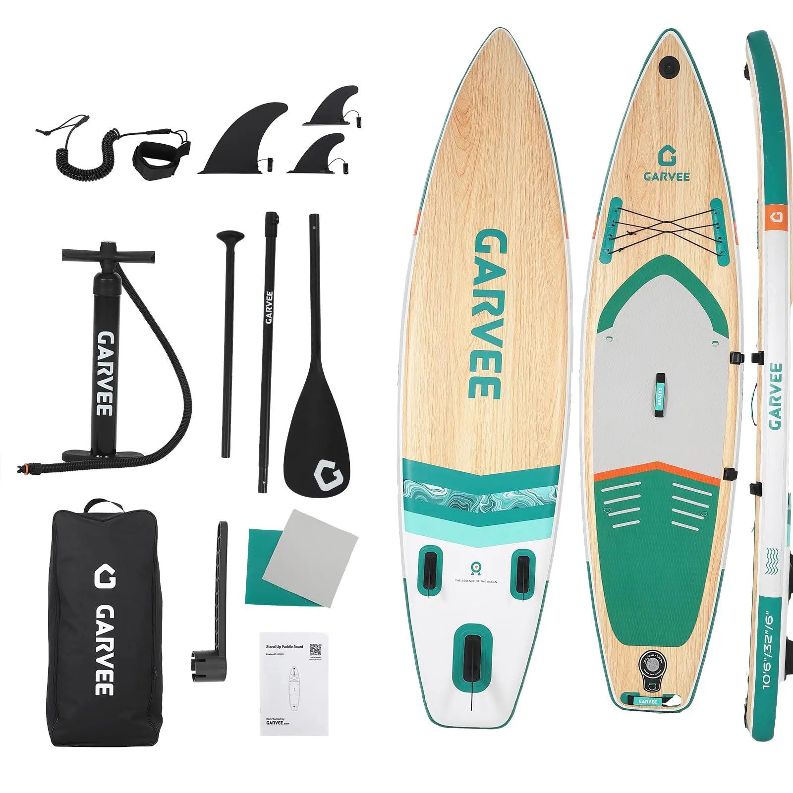 10'6" Inflatable Stand Up Paddle Board for Adults, with Premium SUP Accessories, Wide Stable Design, Anti-Slip EVA Deck, Built-In Front Action Camera Mount, Ankle Leash for Rivers, Lakes, Coastal Waters - Wood Grain & Forest Green