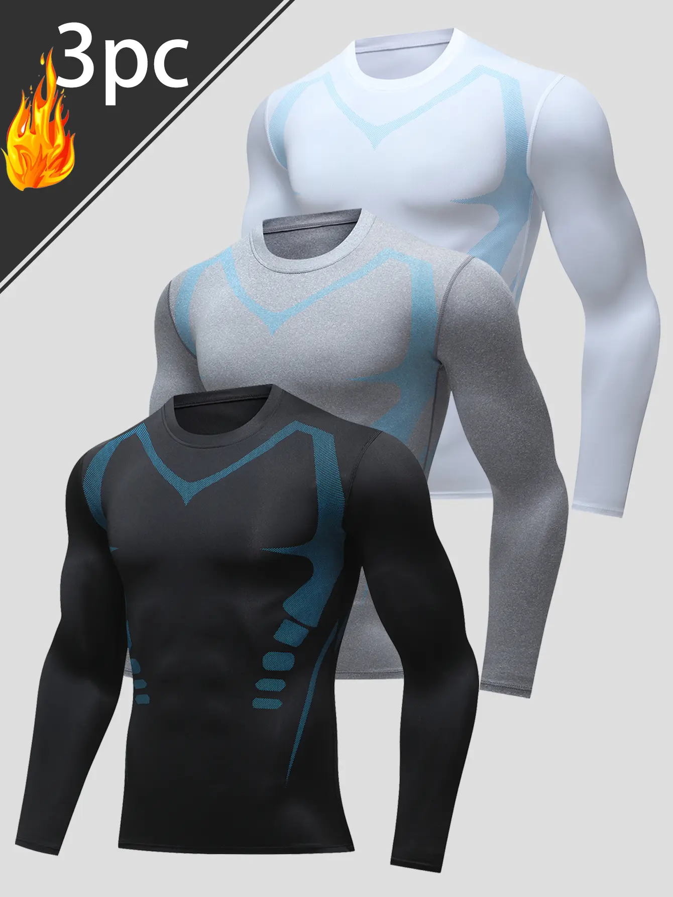 Male 3-Piece Quick-Dry Polyester Training Round-Neck Long-Sleeved T-Shirt Set - Breathable, Stretch Thermal Base Layer with Ease of Movement for Gym, Outdoor Activities, Long Sleeve Shirt, Ensures Airflow, Keeps You Dry