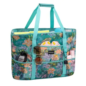 KABAQOO Mesh Beach Bag Extra Large Beach Bags with 9 Pockets & Zipper Waterproof Lightweight Beach Tote for Beach Pool , crossbody,Net Bag,Travel