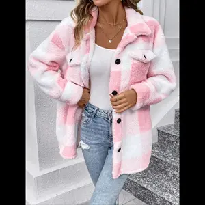 NewWomen's Plaid Print Button Front Drop Shoulder Fuzzy Jacket, Casual Long Sleeve Collared Pocket Outerwear for Fall & Winter, Ladies Clothes for Daily Wear