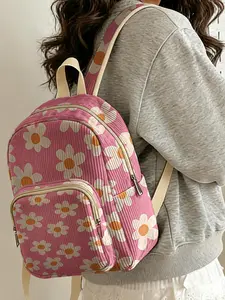 1 piece of lady's two-shoulder bag with 2D printed pink daisy pattern, chenille texture + layered storage + light weight reduction | Perfect for students going to class/shopping/short trips | Combines atmosphere with practicality