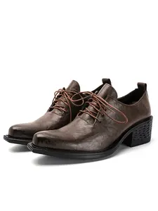 New British Vintage Men's Square Toe Dress Shoes, Thick Sole High Heel Rubber, Business Casual Work, Breathable Soft Leather, Multiple Sizes