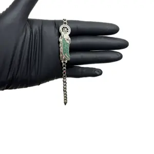 San Judas Bracelet with Green Beads and Silver Chain for Protection and Luck