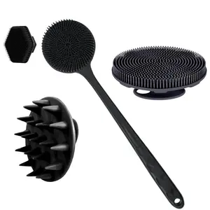 4-Piece Silicone Body Brush Set, Exfoliating Shower Scrubber, Long Handle Back Scrubber, Short Bath Brush, Head Wash Brush, Face Cleansing Brush, Non-Electric Handheld