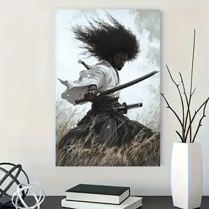 1 Count Black Samurai with Afro Canvas Art Print - Frameless, Waterproof Wall Decor for Living Room, Bedroom, Office - Unique Gift Idea