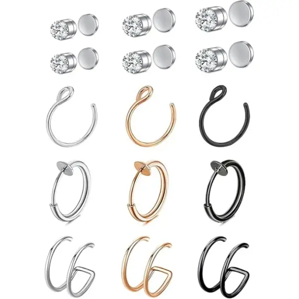 15 PCS Fake Nose Ring Hoop Fake Nose Stud Magnetic Septum Nose Ring Stud Stainless Steel CZ Fake Nose Piercing Stud Faux Nose Ear Lip Cuffs Non Pierced Jewelry for Women Men campingessentials