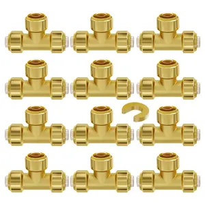 VEVOR Pipe Fittings, 1/2" 12PCS Tee Brass Pipe Fittings, Push-Fit Pipe Connector Brass Air Fittings, Heavy Duty Plumbing Fittings Adapter for Heating/Shower Systems, Water Pipes