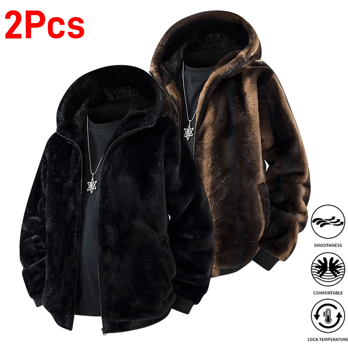 2Pcs Men'S Autumn And Winter Jackets, Casual Jackets for Men, Fiber Jackets,  Print Fluffy Jackets, Small Fur Jackets, Hooded Jackets, Thick Jackets, Stylish And Versatile
