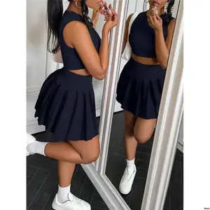VaVaBoldWomenSolidColorRoundNeckCroppedCamisole PleatedMiniSkirtCasual2PcsSet