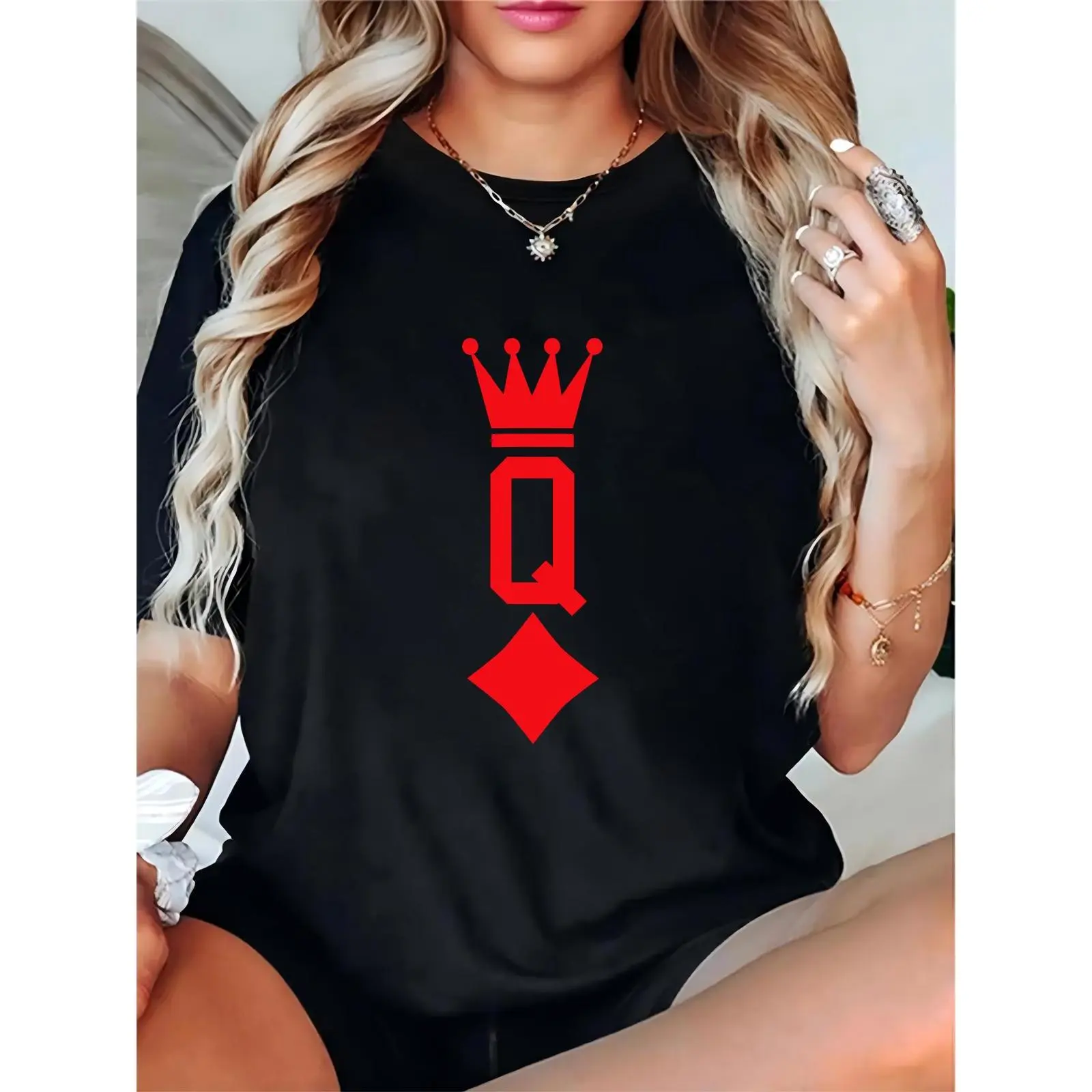 Women's Basic T-Shirt with Queen Graphic Prints, Comfortable 100% Cotton Shortsleeve Tee for All-Day Casual Wear, Essential, Feminine, Elegant, Round Neck, Simple