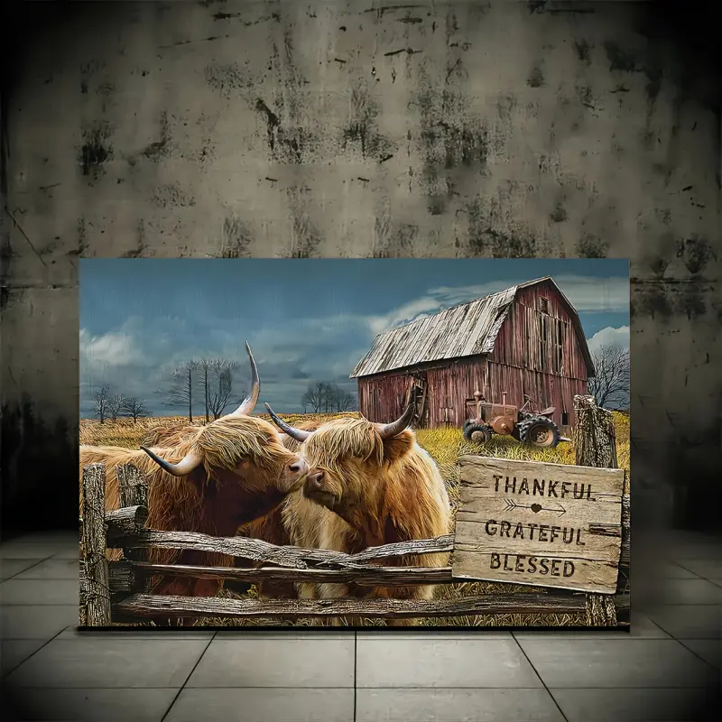 1 Piece Highland Cow Wooden Frame Canvas Painting, Farmhouse Country Style Running Cow Truck Wall Decoration, Western Wall Art, Suitable for Home Decoration, Living Room and Bedroom, Holiday Gift for Her or Him