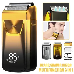 Golden Stainless Steel Handle Electric Shaver for Men USB Rechargeable Rotary Double Razors LED Digital Display 3-Speed Adjustable Portable Hair Clipper Best For Father's Day gifts Foil shaver