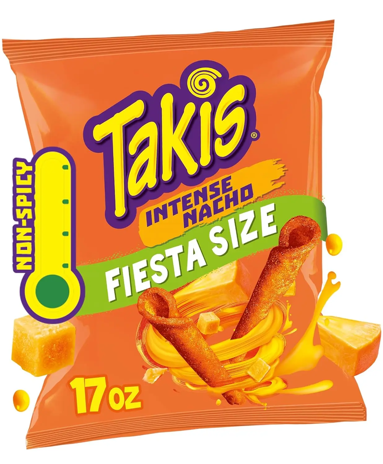 Takis Intense Nacho Rolled Tortilla Chips, 17 oz Party Size Bag, Mild Cheese Flavor Corn Snacks for Parties, Cookouts and Sharing