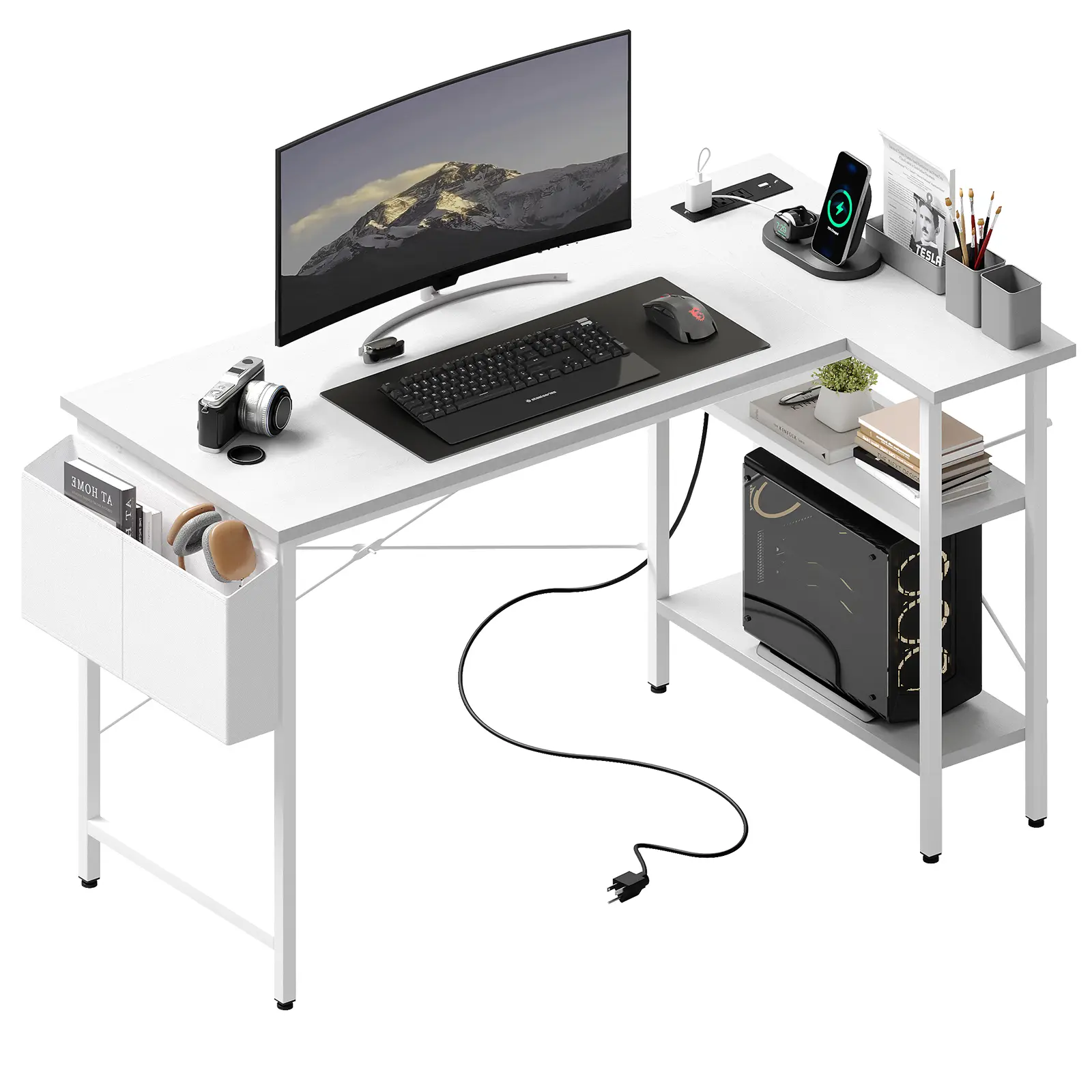 39 Inch Gaming Computer Desk with Power Outlet, Reversible Storage Shelves for Home Office Gamer Desk Functional Table 39 Inch Gaming Computer Desk with Power Outlet, Reversible Storage Shelves for Home Office Gamer Desk Functional Table