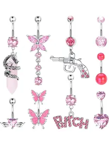 14G Belly Button Rings Dangle Stainless Steel Navel Rings Pink CZ Heart Butterfly Belly Rings Dangling Belly Piercing Jewelry For Women