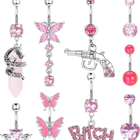 14G Belly Button Rings Dangle Stainless Steel Navel Rings Pink CZ Heart Butterfly Belly Rings Dangling Belly Piercing Jewelry For Women Body Piercings Belly Piercing Ring Chain Body Jewellery