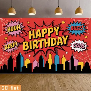 2D Flat Banner 1pc, for Birthday Celebrations Featuring a Happy Birthday Theme with Comic Book Pop Art, City Skyline, Spider Web, And Star Motifs. This Polyester Backdrop Is Perfect for Event Decoration in Homes